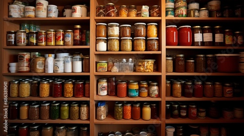 A well-organized pantry with labeled shelves of canned goods.