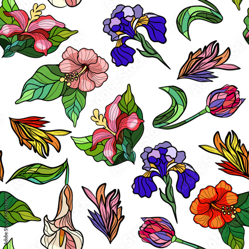 Seamless floral pattern with stained glass flowers. Vector illustration 