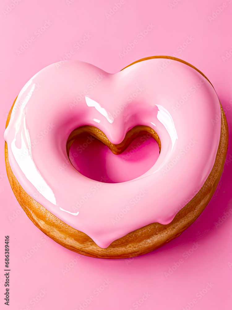 Heart shaped donut with glaze on pink pastel background. Generative AI Heart shaped donut with glaze on pink pastel background. Generative AI