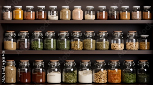 A well-organized spice rack in a modern kitchen, with neatly arranged jars and labels.