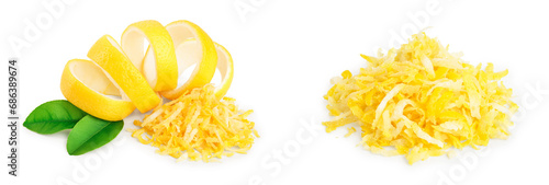 Lemon peel and zest with leaf isolated on white background. Healthy food photo