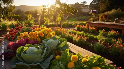 A well-tended backyard vegetable garden with rows of thriving plants, ready for a bountiful harvest. photo