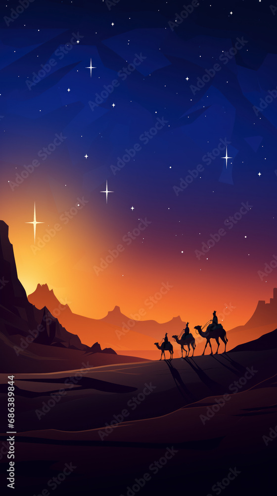 Fototapeta premium Silhouette of the three wise men on their camels walking through the desert at sunset, following the star towards the Bethlehem portal.copy space