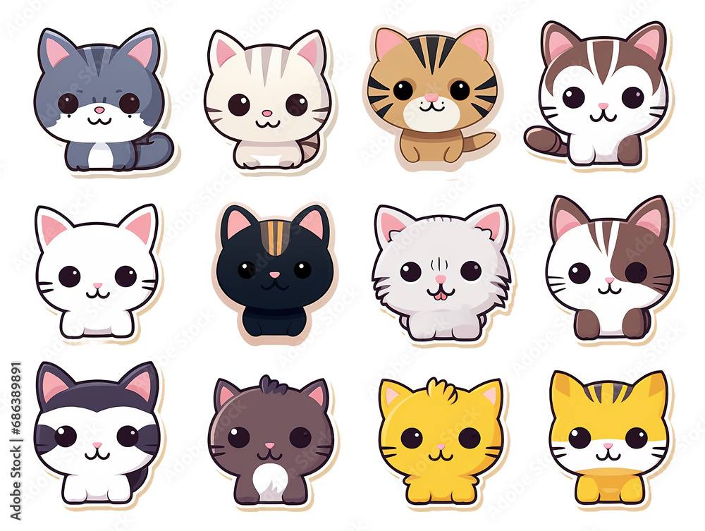 Collection of 12 kawaii stickers featuring kitten of different cat breeds Collection of 12 kawaii stickers featuring kitten of different cat breeds