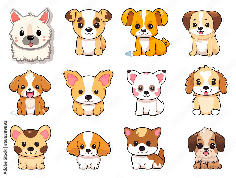 Collection of 12 kawaii stickers featuring puppy 