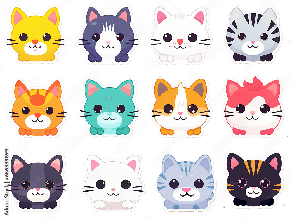 Collection of 12 kawaii stickers featuring cats 