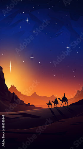Silhouette of the three wise men on their camels walking through the desert at sunset  following the star towards the Bethlehem portal.copy space