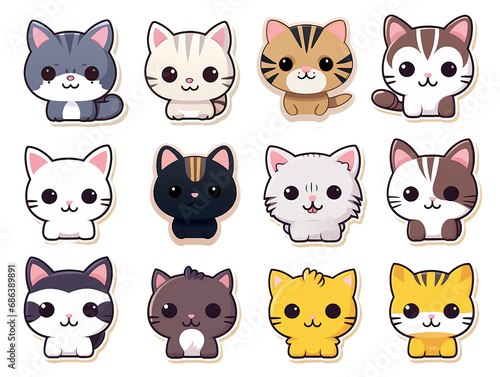 Collection of 12 kawaii stickers featuring kitten of different cat breeds