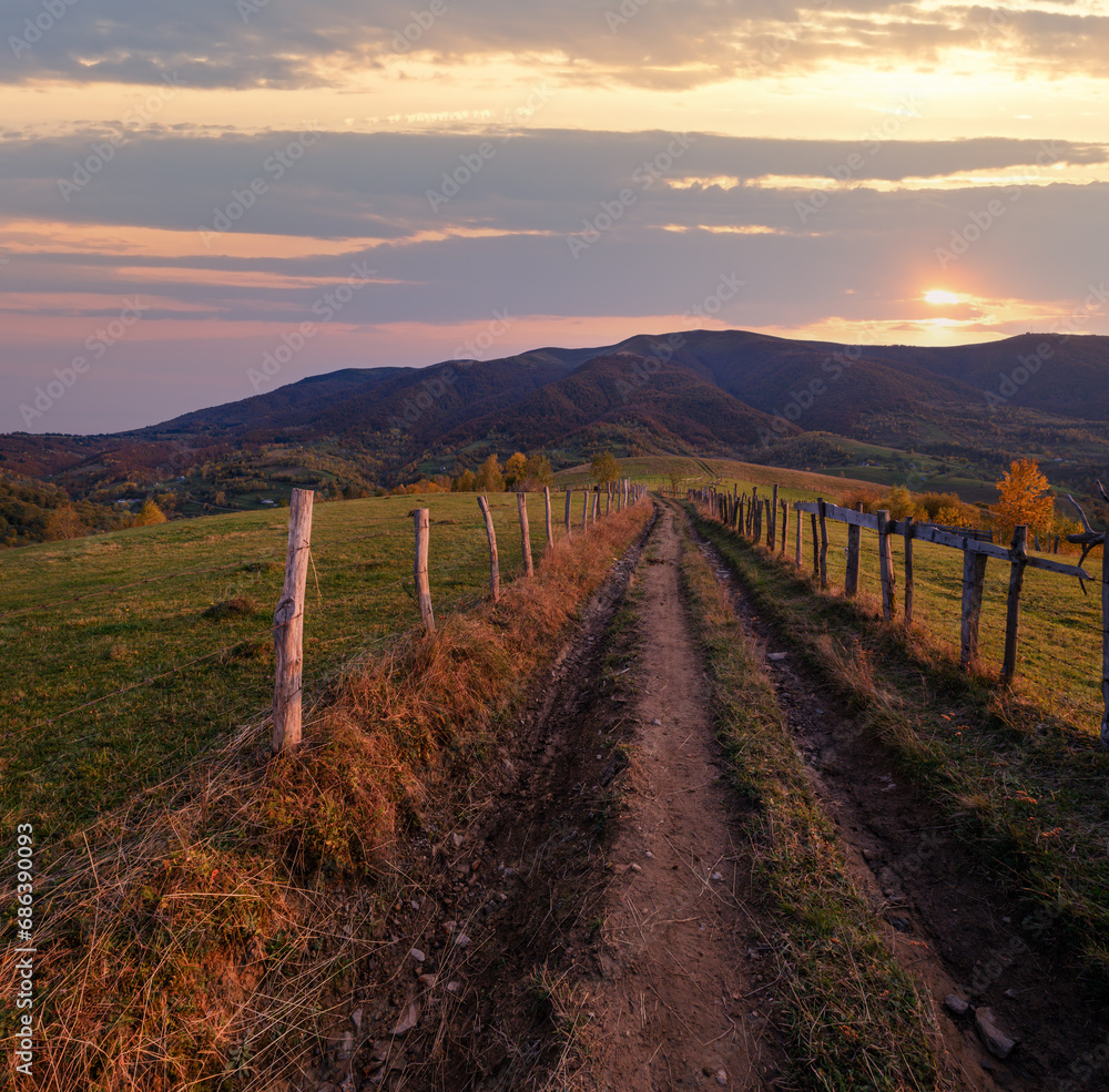 Autumn Carpathian Mountains and dirty countryside path, Ukraine.