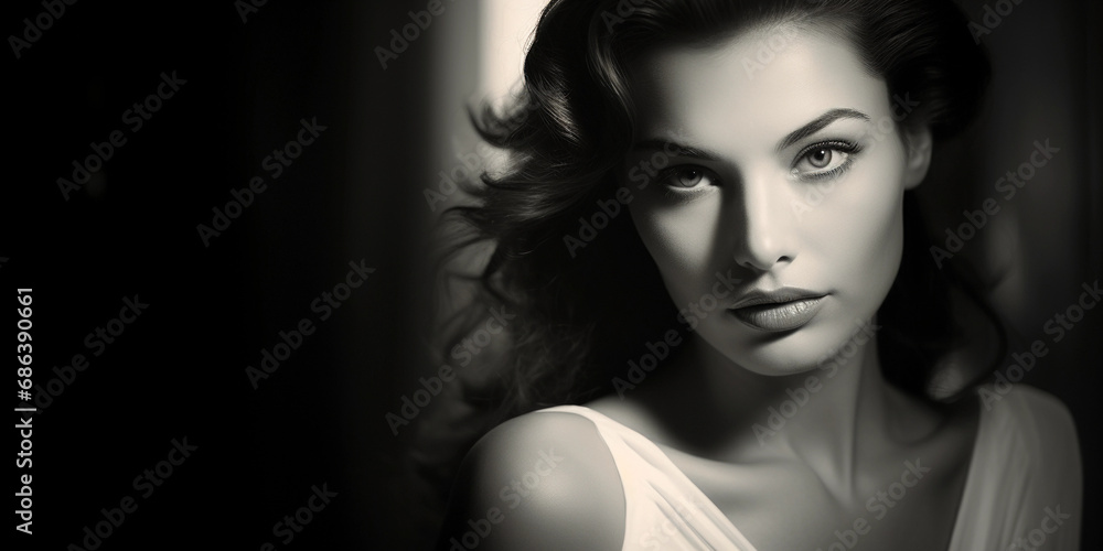 Black and white portrait of a woman with a mysterious smile, retro Black and white portrait of a woman with a mysterious smile, retro