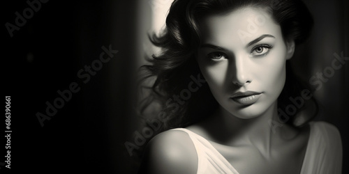 Black and white portrait of a woman with a mysterious smile, retro 