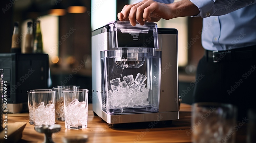 An automatic ice maker dispensing perfectly shaped ice cubes into a