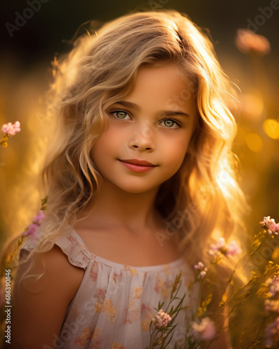 Dreamy child's portrait in a field of wildflowers, ethereal glow, soft pastels