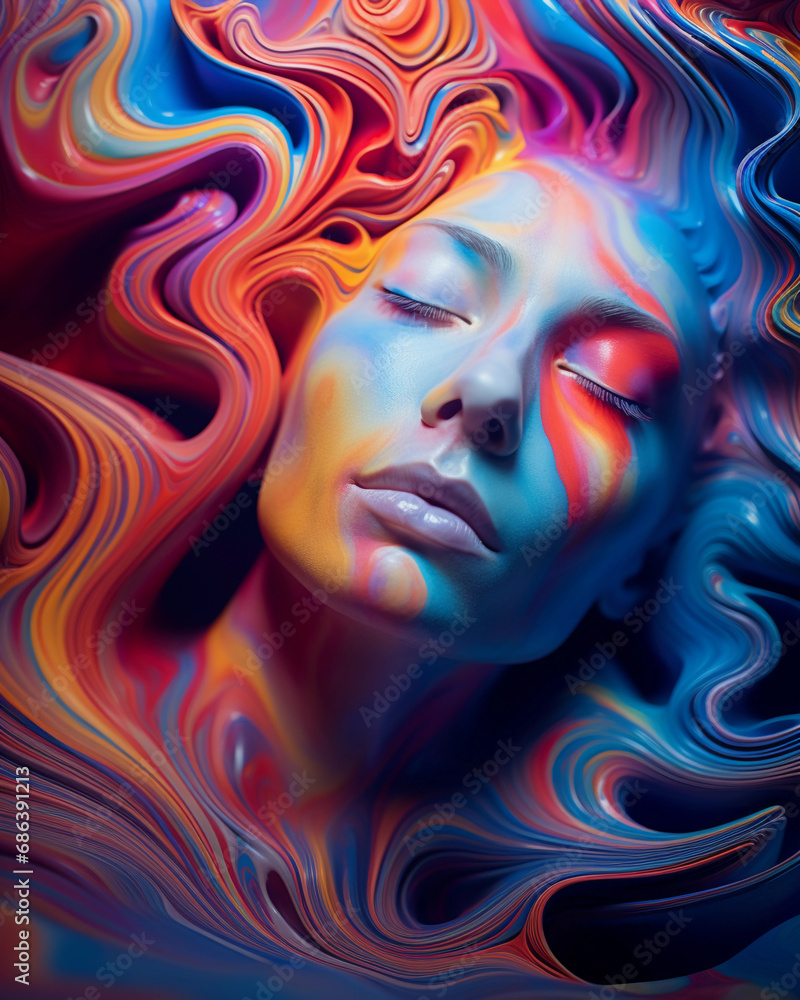 Psychedelic abstract portrait, swirling patterns of vivid colors blending with facial features