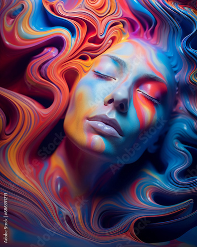 Psychedelic abstract portrait, swirling patterns of vivid colors blending with facial features