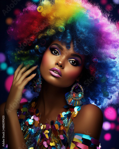 woman with a rainbow-colored afro hairstyle, radiant skin, deep blue eyes, wearing multicolored sequin dress