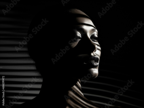 Abstract black and white portrait, sharp angular features, contrast between light and shadow