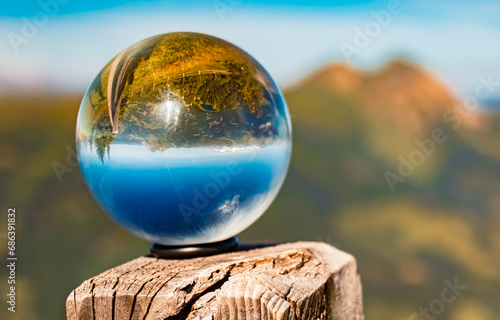 Crystal ball alpine summer landscape shot at Mount Fulseck, Dorfgastein, St. Johann im Pongau, Salzburg, Austria