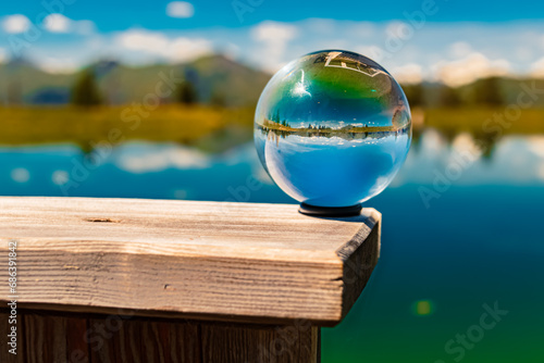 Crystal ball alpine summer landscape shot with Lake Spiegelsee at Mount Fulseck, Dorfgastein, St. Johann im Pongau, Salzburg, Austria photo