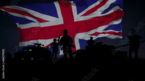 Silhouette of a Group of Soldiers and the United Kingdom Flag Waving in the Background. The video of this image is in my portfolio. 