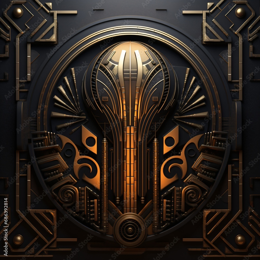 symmetrical golden and black art deco ornament, metallic relief cover design