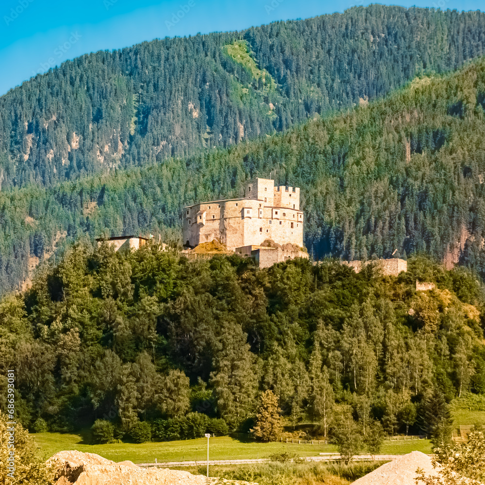 Ancient fortress on a sunny summer day at Pflaurenz, Floronzo, Pustertal, Trentino, Bozen, South Tyrol