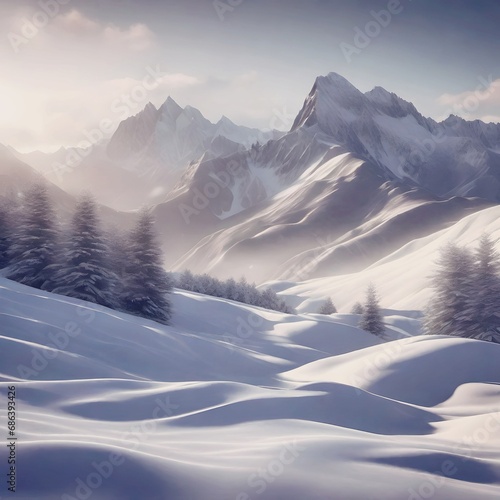 Snow Forest Mountain Tree Landscape Winter christmas. A serene winter landscape with a snow covered forest and mountain range, gleaming peaks, snow laden slopes