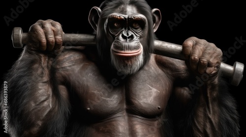 gorilla with a big hammer on a black background. Evolution Concept