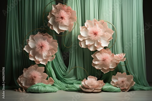 Maternity backdrop, wedding backdrop, photography background, maternity props, Light hoop weaved giant pink lotus, elegant wall background, flowing satin drape, backdrop, giant flowers, green fabric