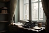 Front view of typewriter and books by the window. Generative AI