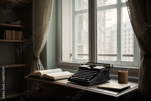 Front view of typewriter and books by the window. Generative AI