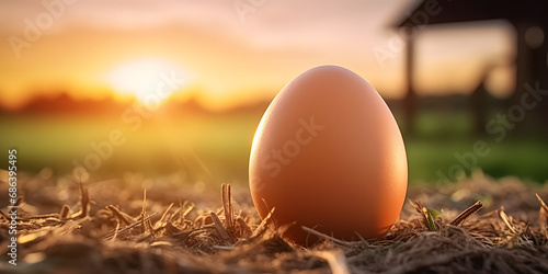 Close up of a fresh egg . Farm background at sunrise.