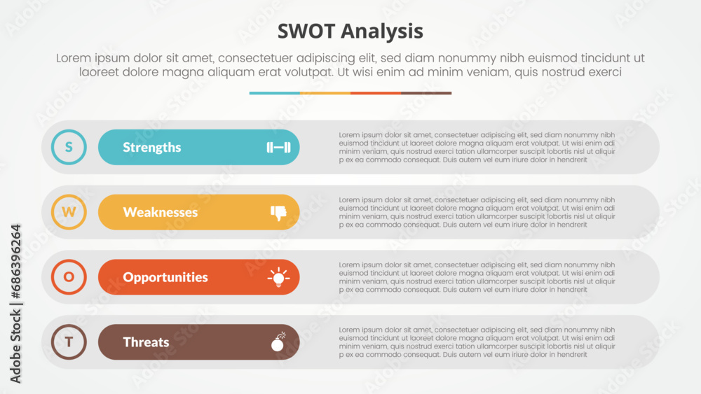 swot business framework strategic template infographic concept for slide presentation with long round rectangle box stack with 4 point list with flat style swot business framework strategic template infographic concept for slide presentation with long round rectangle box stack with 4 point list with flat style