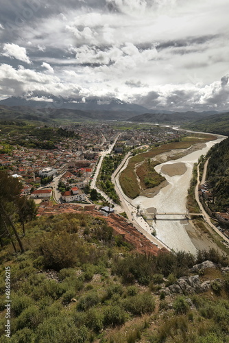 View over the city's east area and the Osum river valley to Tomorr Mountain -Mali i Tomorrit- seen from Kala district. Berat-Albania-095 photo