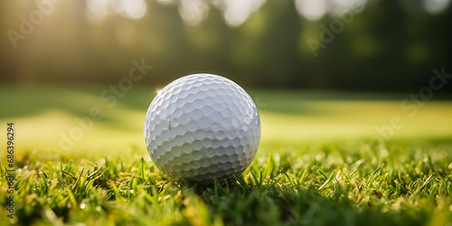 Close up of a golf ball on tee with a green grass background. Generative AI
