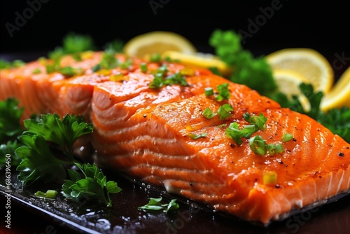 Fresh Seafood Feast. Salmon, Gamberi, Mussels, Oysters, Fish, Parsley, Lemon, Lime, Ice, Salt photo