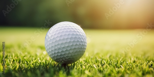Close up of a golf ball on tee with a green grass background. Generative AI