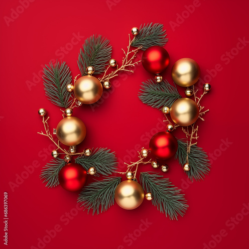 flat lay with pine tree branches with red and golden christmas balls