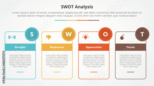 swot business framework strategic template infographic concept for slide presentation with outline box table and circle badge with 4 point list with flat style