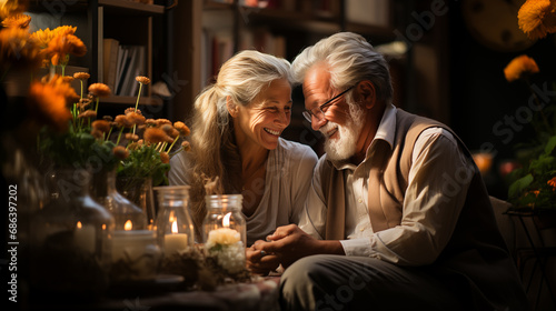 An elderly couple in love sweetly smile at each other.