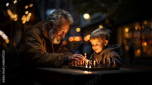 Grandfather and grandson are playing chess. © sutulastock
