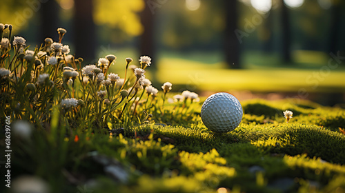 A golf ball lies on the green grass.