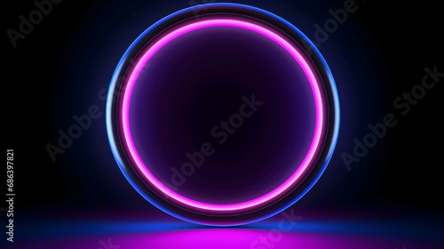 Abstract neon circle with glowing purple and blue lights on a dark background, futuristic technology concept.