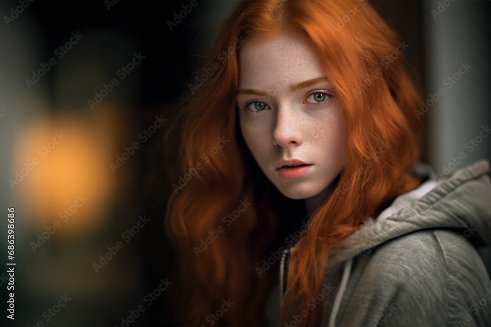 Outdoor portrait of a fashion model with red hair and light freckles and wearing a grey cotton sweatshirt with a hood. Room for copy.