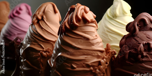 Closeup of Delicious ice cream gelato chocolate flavors dessert, illustration created by generative AI.