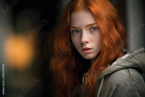 Outdoor portrait of a fashion model with red hair and light freckles and wearing a grey cotton sweatshirt with a hood. Room for copy.