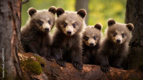 Four curious brown bear cubs standing on a fallen tree. © Daniel L