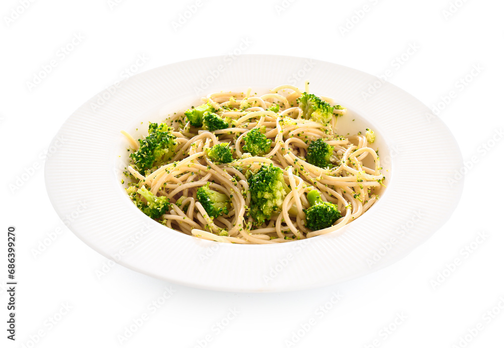 Plate of tasty pasta with broccoli on white background