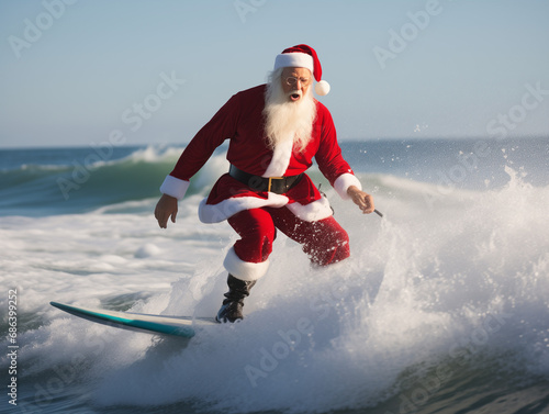 A Photo Of A Surfing Santa Claus With His Surfboard Decorated Like A Sleigh Riding The Waves Under A Sunny Sky