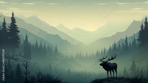 Silhouette of moose on hill. Tree in front, mountains and forest in background. Magical misty landscape. Illustration, horizontal banner.  © Ziyan
